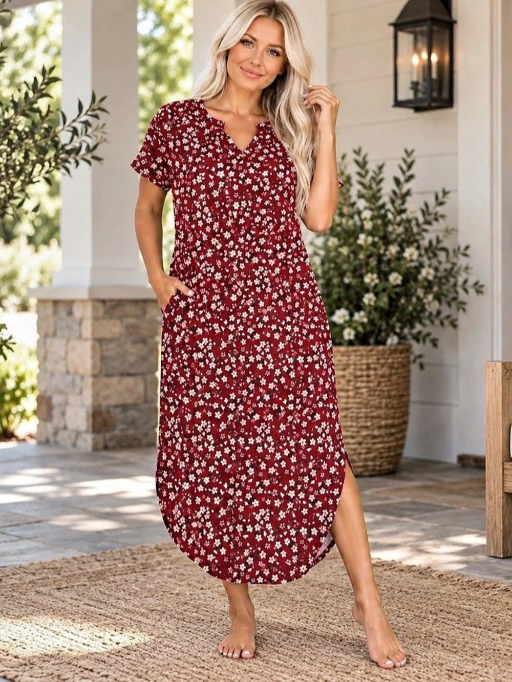 MISFAY Red Floral Maxi Dress V-Neck Pockets Side Slits Short Sleeve